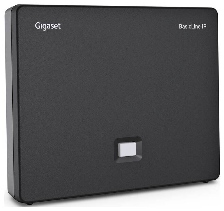 Appareil 'Gigaset BasicLine IP' noir, de forme rectangulaire avec un petit bouton carré au centre, utilisé pour la connectivité de communication téléphonique.