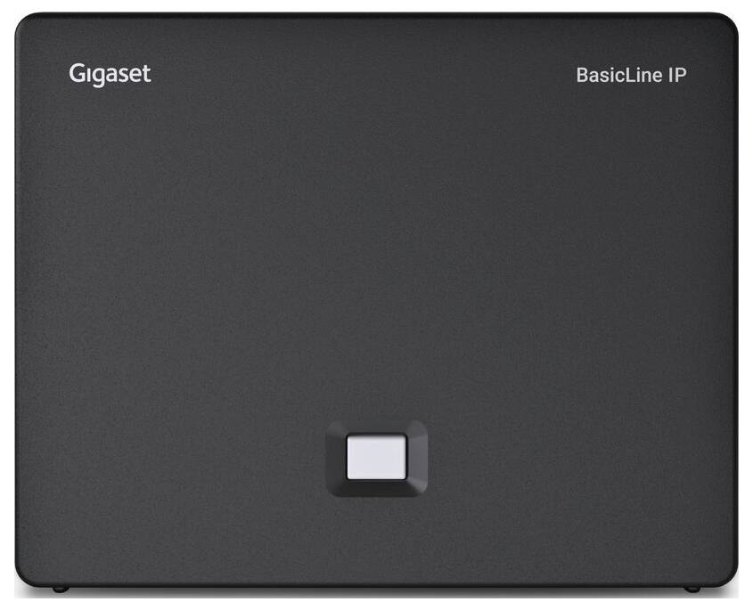 Rectangle noir avec le texte « Gigaset BasicLine IP » en haut, présentant un bouton carré central.