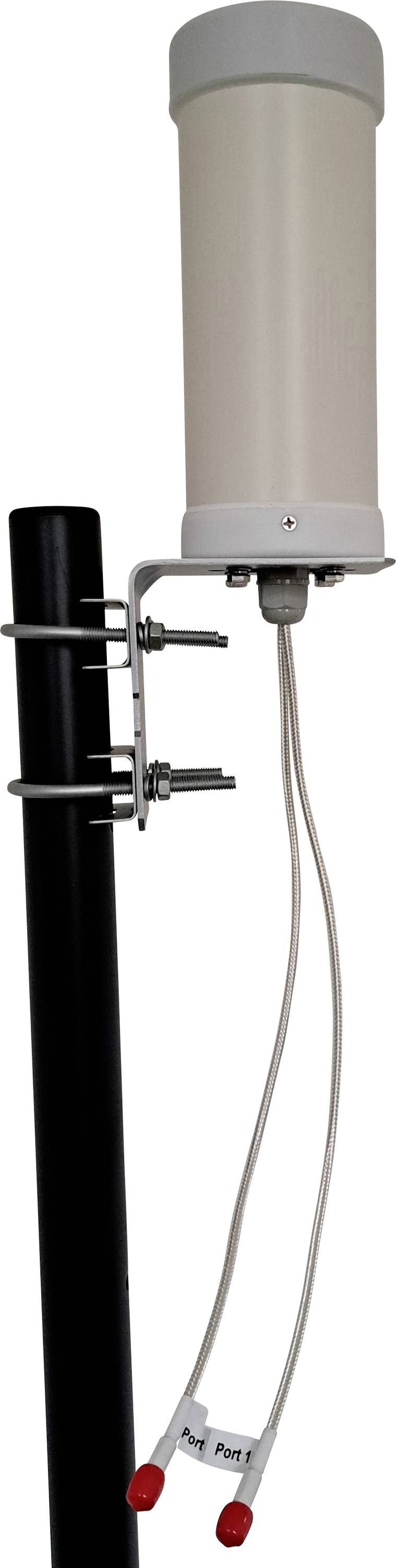 Antenne cellulaire montée sur un mât noir avec deux câbles attachés se terminant par des ports étiquetés.