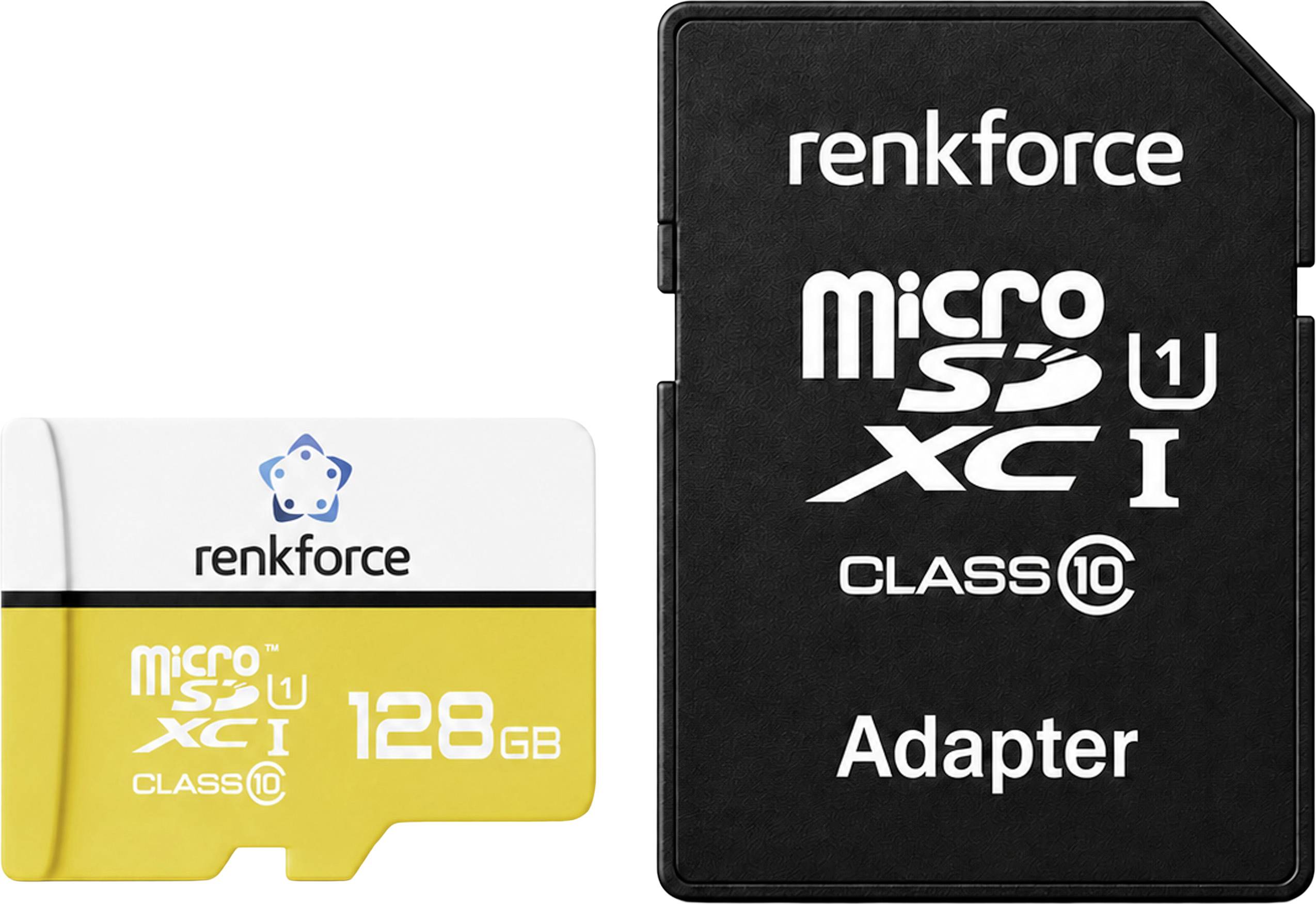 Deux cartes mémoire Renkforce : une carte microSDXC 128 Go Class 10 et un adaptateur microSD étiqueté « Adapter ».