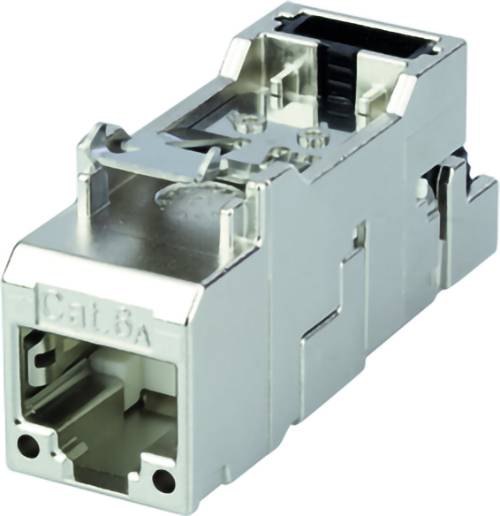 Connecteur de prise de câble réseau RJ45 en métal, montré en gros plan sur un fond blanc.