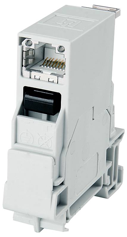 Bloc de bornes électriques modulaire blanc avec couvercle avant articulé et broches de contact dorées, présenté en gros plan sur un fond neutre.