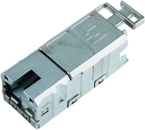 Connecteur de câble Ethernet métallique sur un fond blanc, présenté en gros plan en angle.
