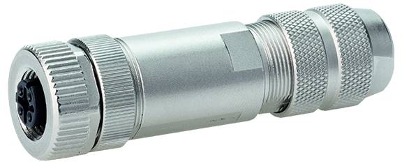 Connecteur de câble métallique circulaire argenté avec poignée cannelée et extrémités filetées, présenté sur un fond blanc.