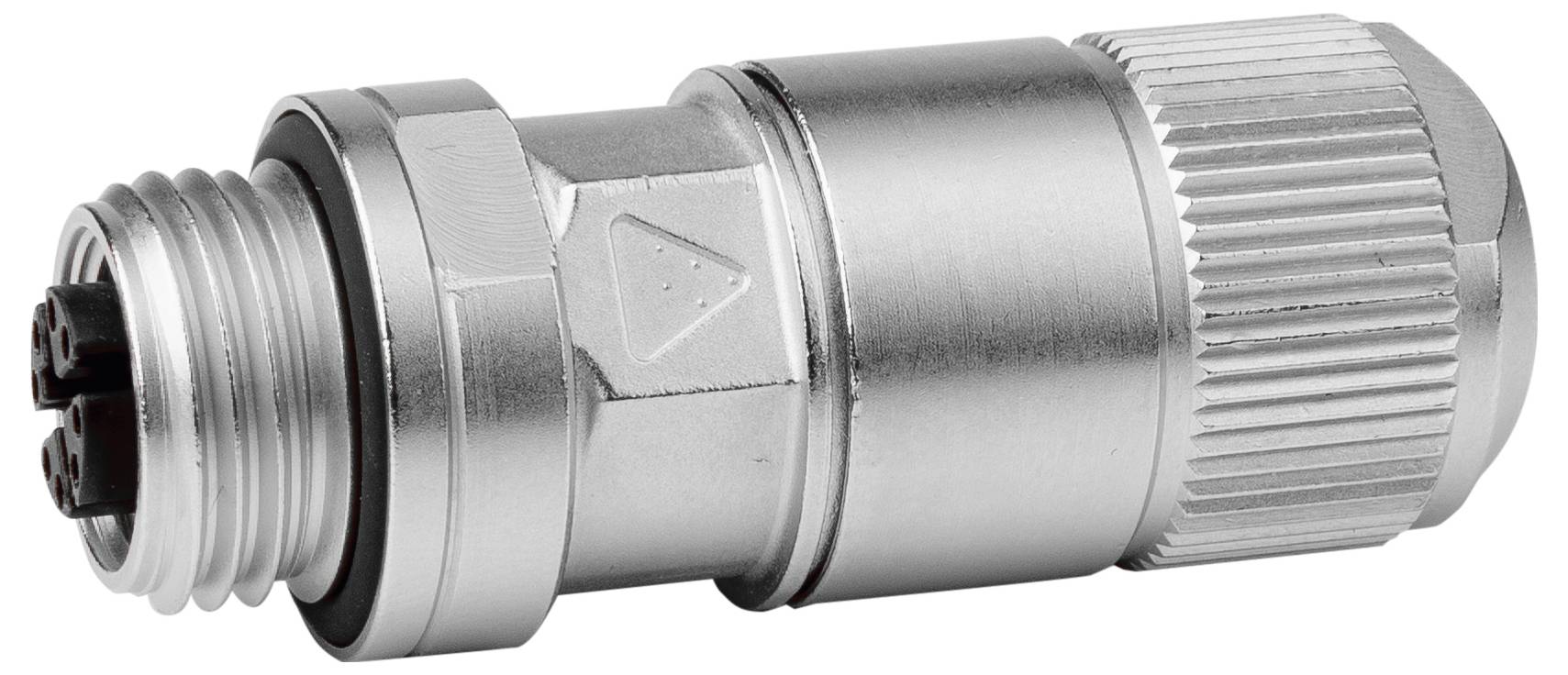 Adaptateur de connecteur cylindrique métallique avec extrémités filetées et prise striée, présenté isolé sur fond blanc.