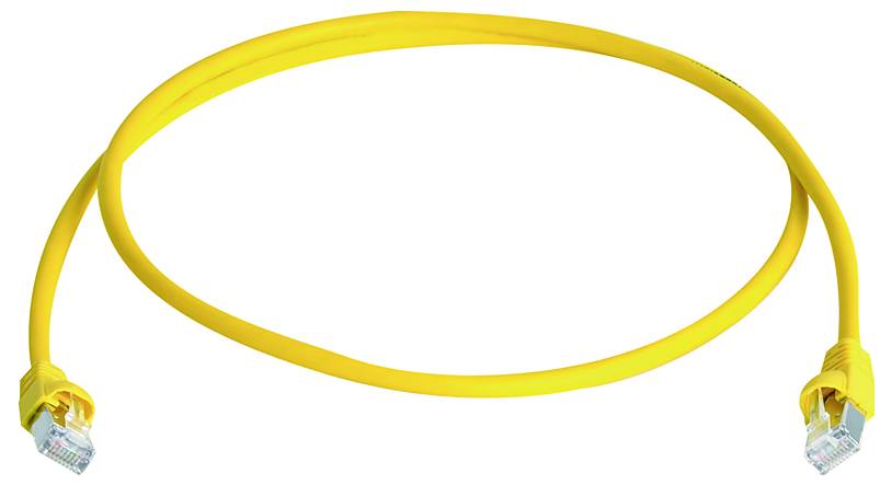 Yellow Ethernet cable with RJ45 connectors on both ends, coiled into a loop on a white background.