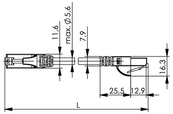 Technical side-view dimension drawing of a plug-like connector, showing length L and measurements 11.6, max. Ø5.6, 7.9, 25.5, 12.9, and 16.3.