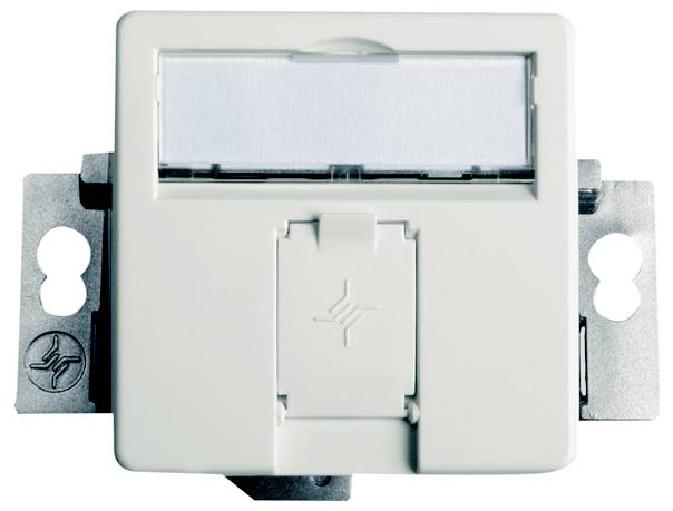 White wall-mounted network or telephone jack faceplate with a single port and metal mounting brackets