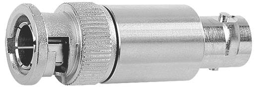 Connecteur de câble coaxial métallique avec bague d'accouplement filetée, présenté en gros plan sur fond blanc.
