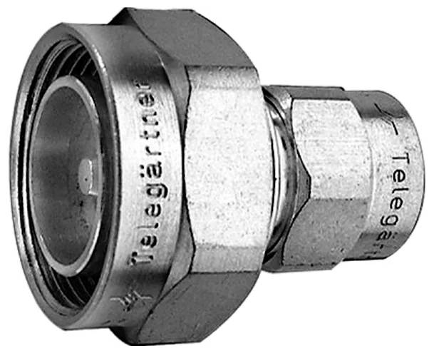Metal coaxial cable connector with threaded coupling and hexagonal body, labeled Telegärtner