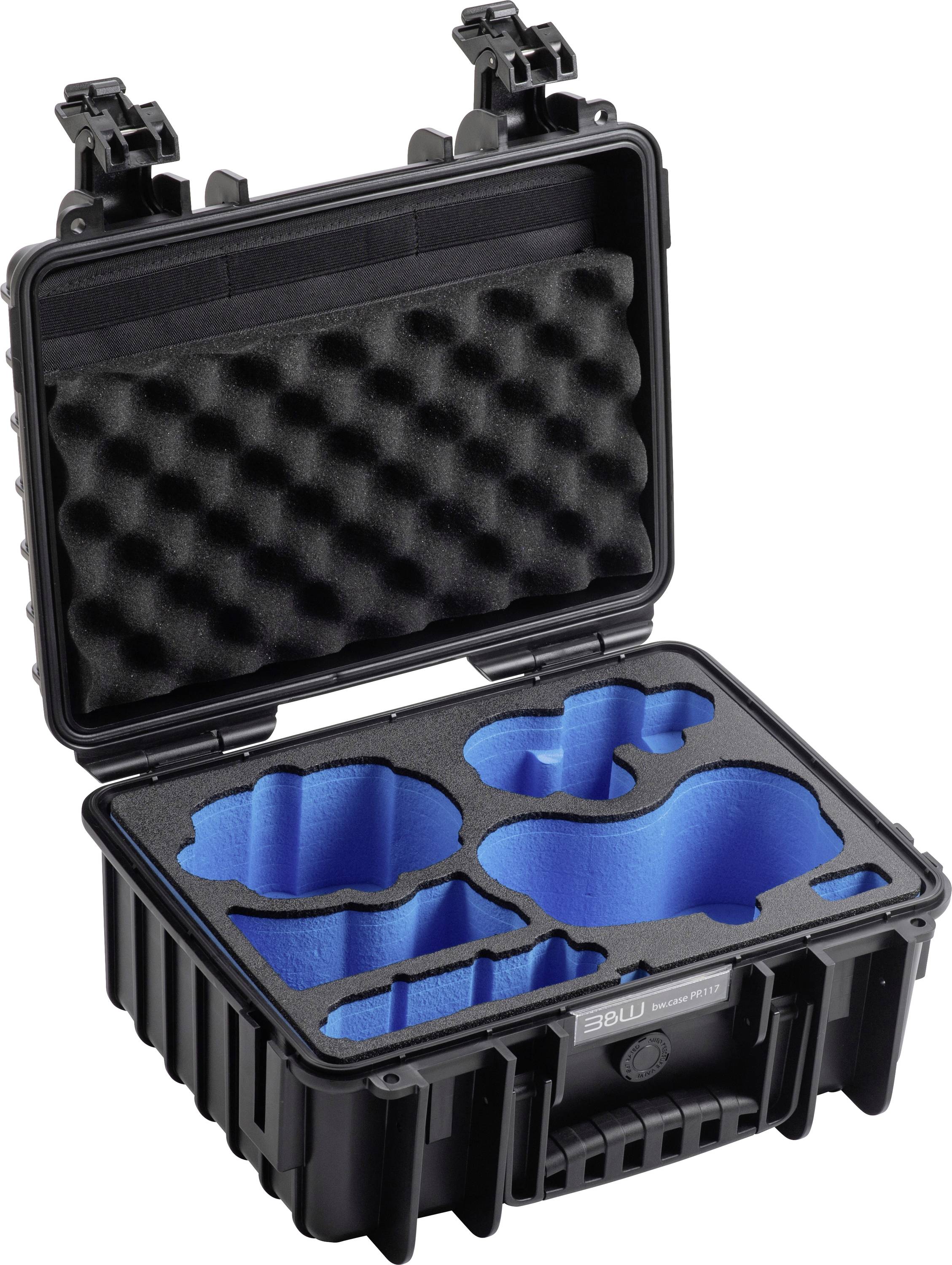 Étui de protection rigide noir avec un couvercle ouvert, révélant des inserts en mousse bleu personnalisés façonnés pour maintenir des articles spécifiques en toute sécurité.