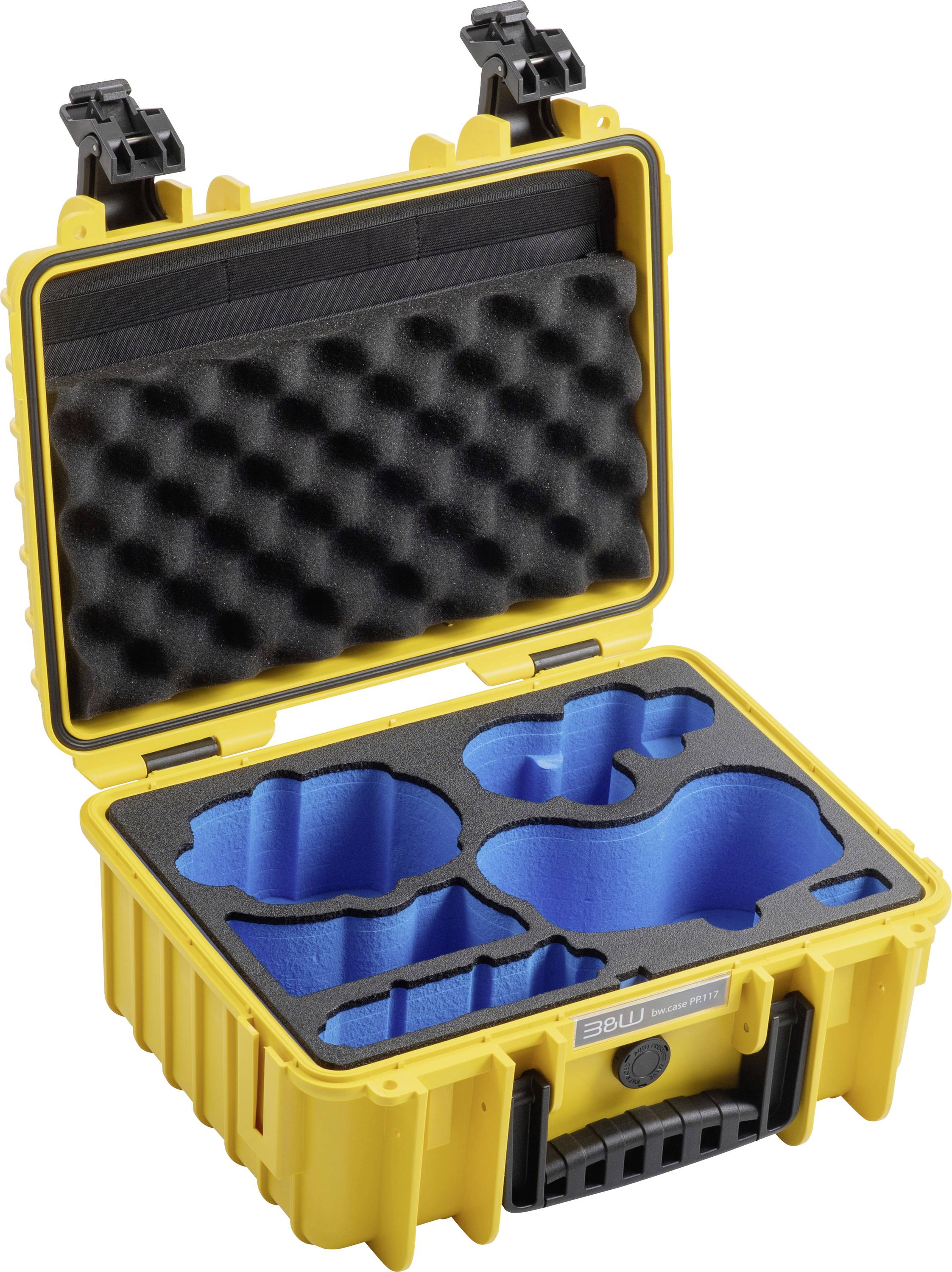 A yellow protective case with compartments lined with blue foam, designed for holding and securing various equipment safely.