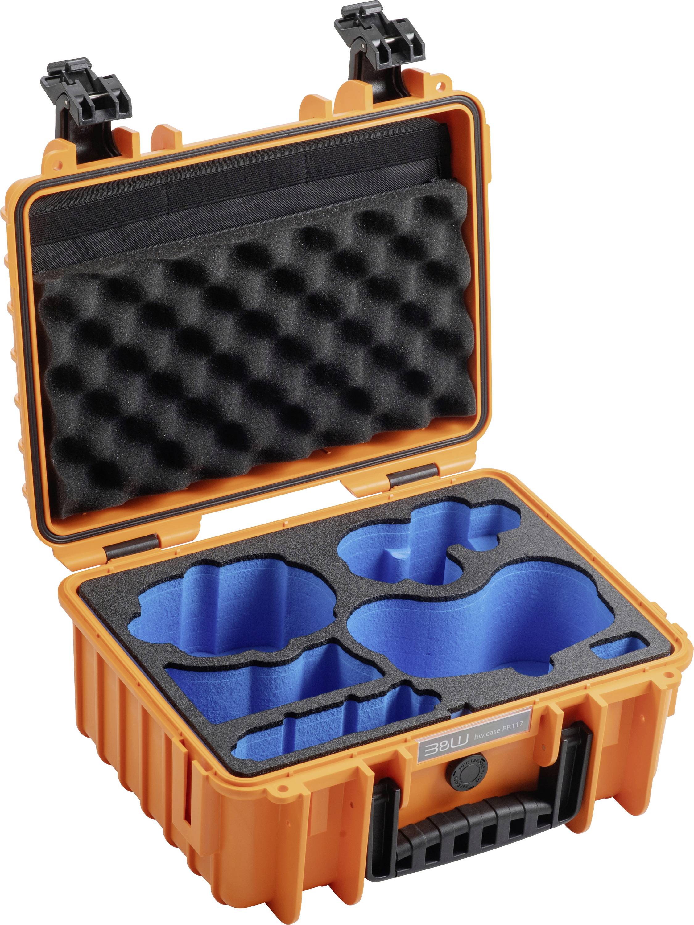 Un boîtier de protection orange avec des inserts en mousse bleue personnalisés et un couvercle ouvert, conçu pour maintenir de manière sécurisée des objets ou des équipements de forme particulière.