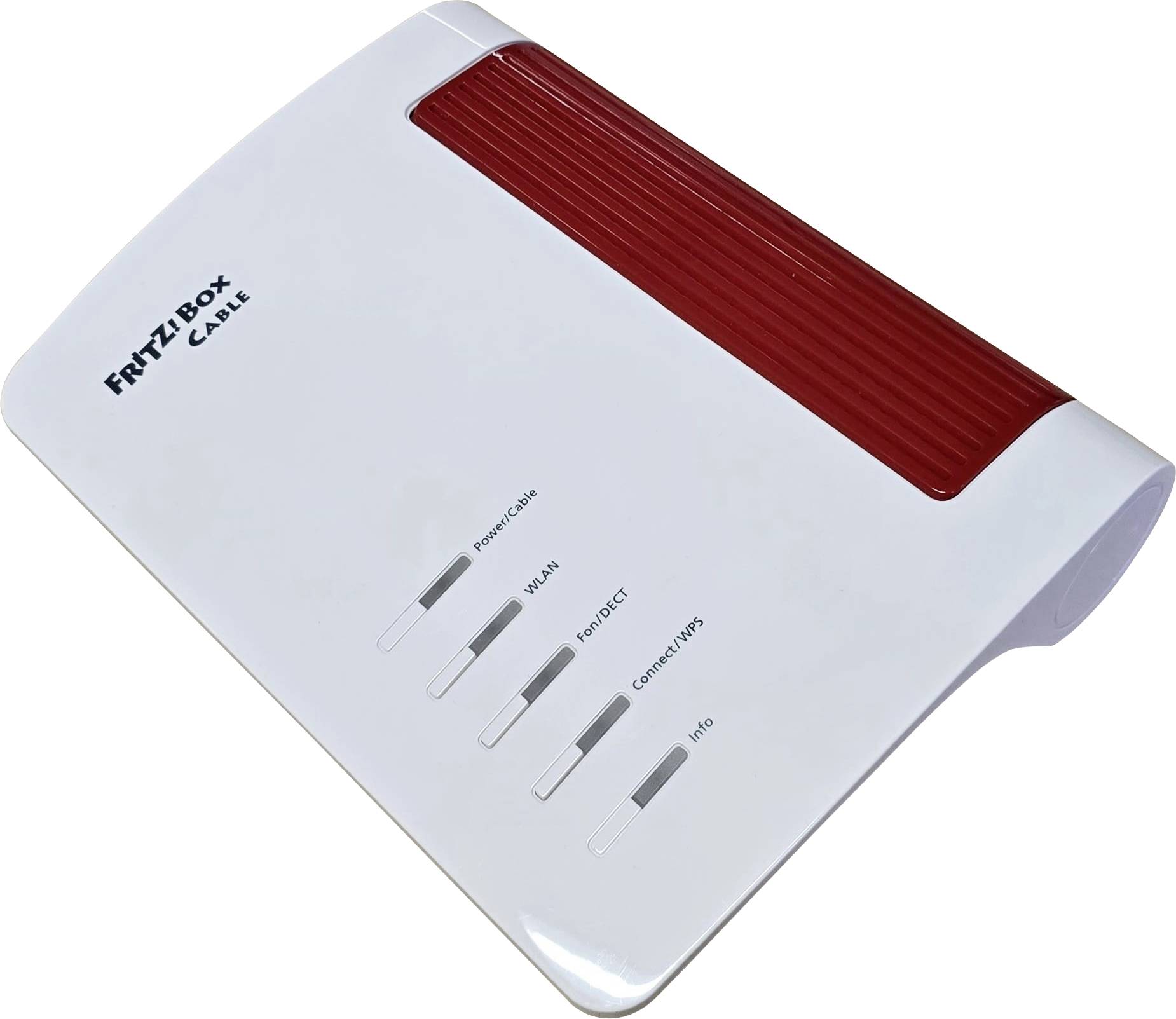 Un routeur Wi-Fi blanc et rouge étiqueté « FRITZ!Box Cable » avec des voyants indicateurs pour l'alimentation, le WLAN, le téléphone, le LAN et les informations sur une surface beige.