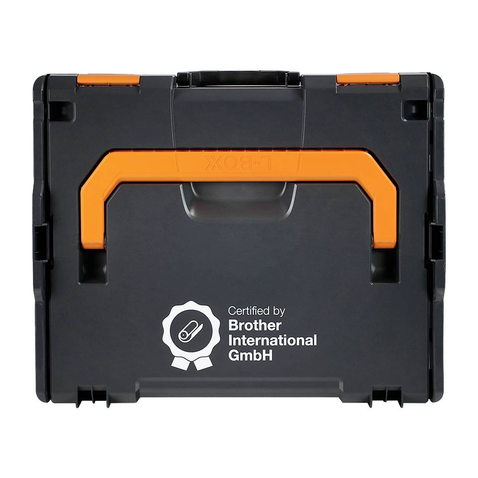 Coffret à outils Black Brother International GmbH avec poignée orange et accents de fermeture, montré en vue de face sur fond blanc.