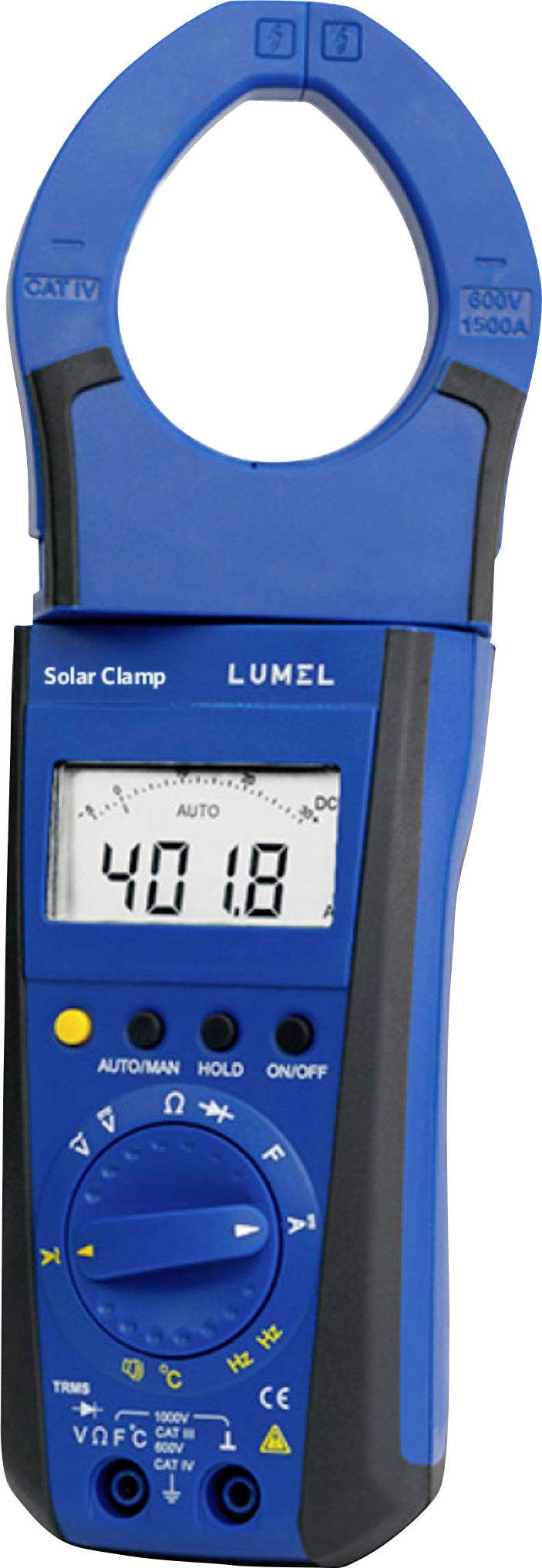 Un pince-ampèremètre numérique bleu avec un écran LCD affichant « 40.18 ». Il dispose d'un cadran avec diverses gammes de mesure et de boutons.