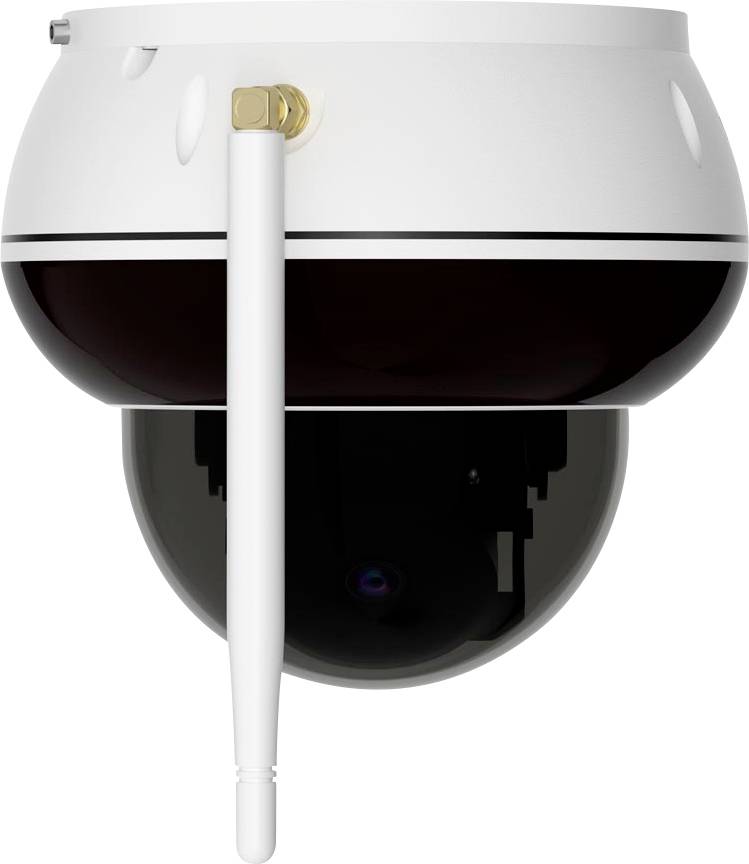 Une caméra de sécurité dôme blanche et noire avec une antenne, conçue à des fins de surveillance, présentée sur un fond uni.