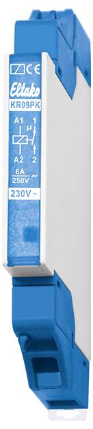 Un relais électrique étroit, bleu et gris, portant l'étiquette « Eltako KR09PK », avec des symboles de connexion et des spécifications de 230V, 6A, 250V.