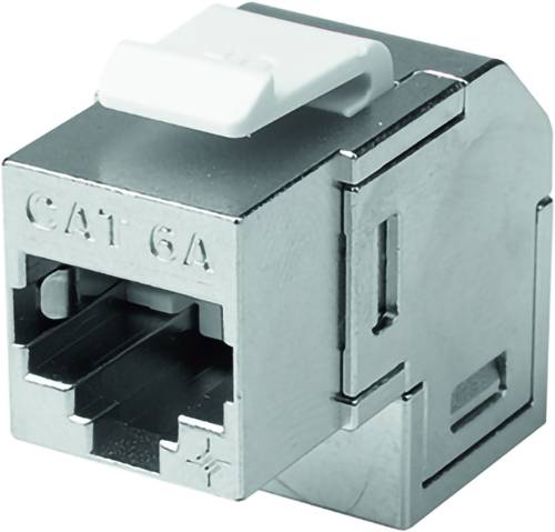 Gros plan d'une prise Ethernet CAT 6A, un connecteur de câble réseau métallique avec un loquet blanc sur le dessus.
