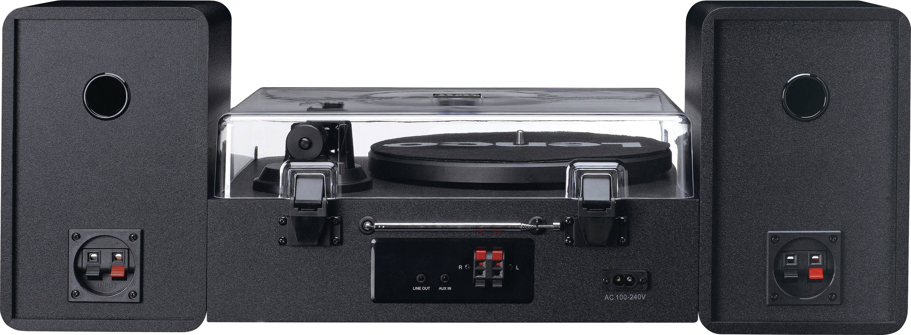 Un tourne-disque de style rétro avec des haut-parleurs intégrés de chaque côté, adapté à la lecture de disques vinyles. L'installation semble épurée et moderne.