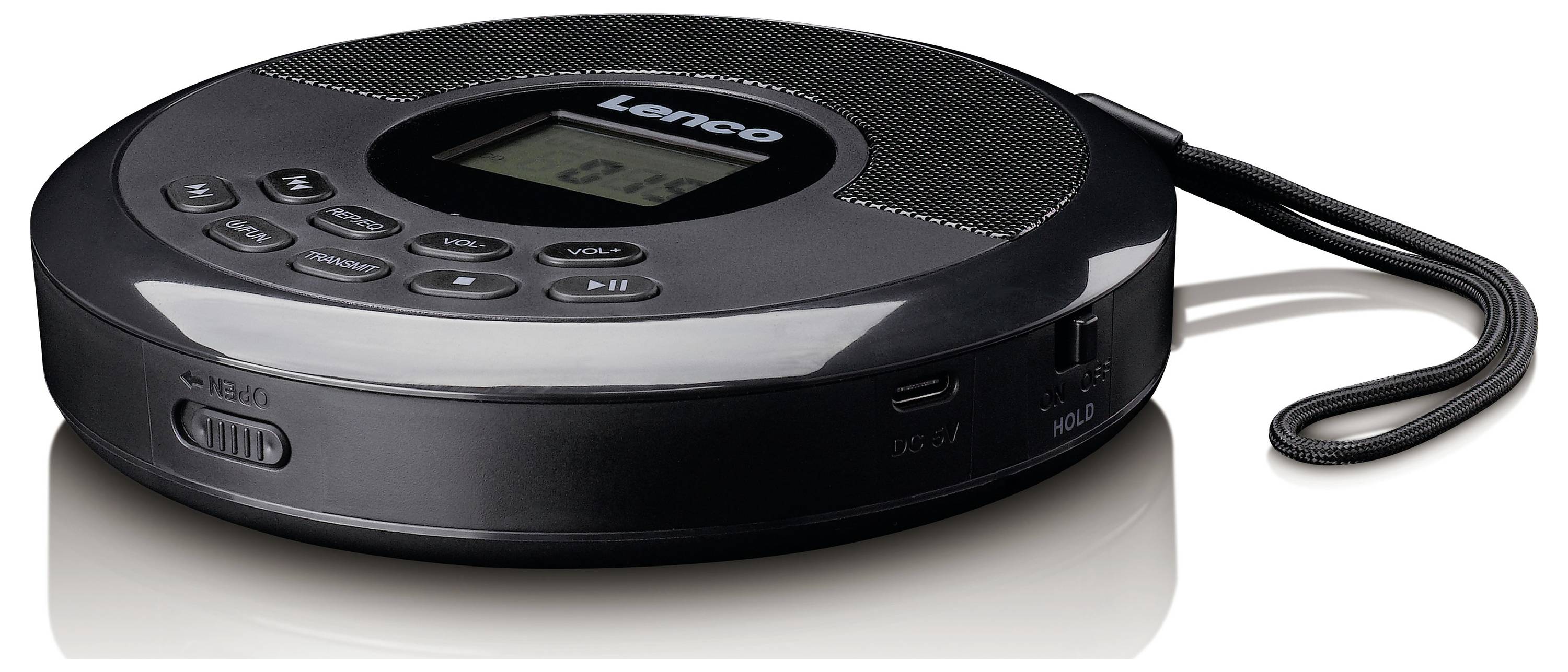 Un lecteur CD portable noir avec des boutons de contrôle et un écran numérique sur le dessus, doté d'une sangle de poignet sur le côté.