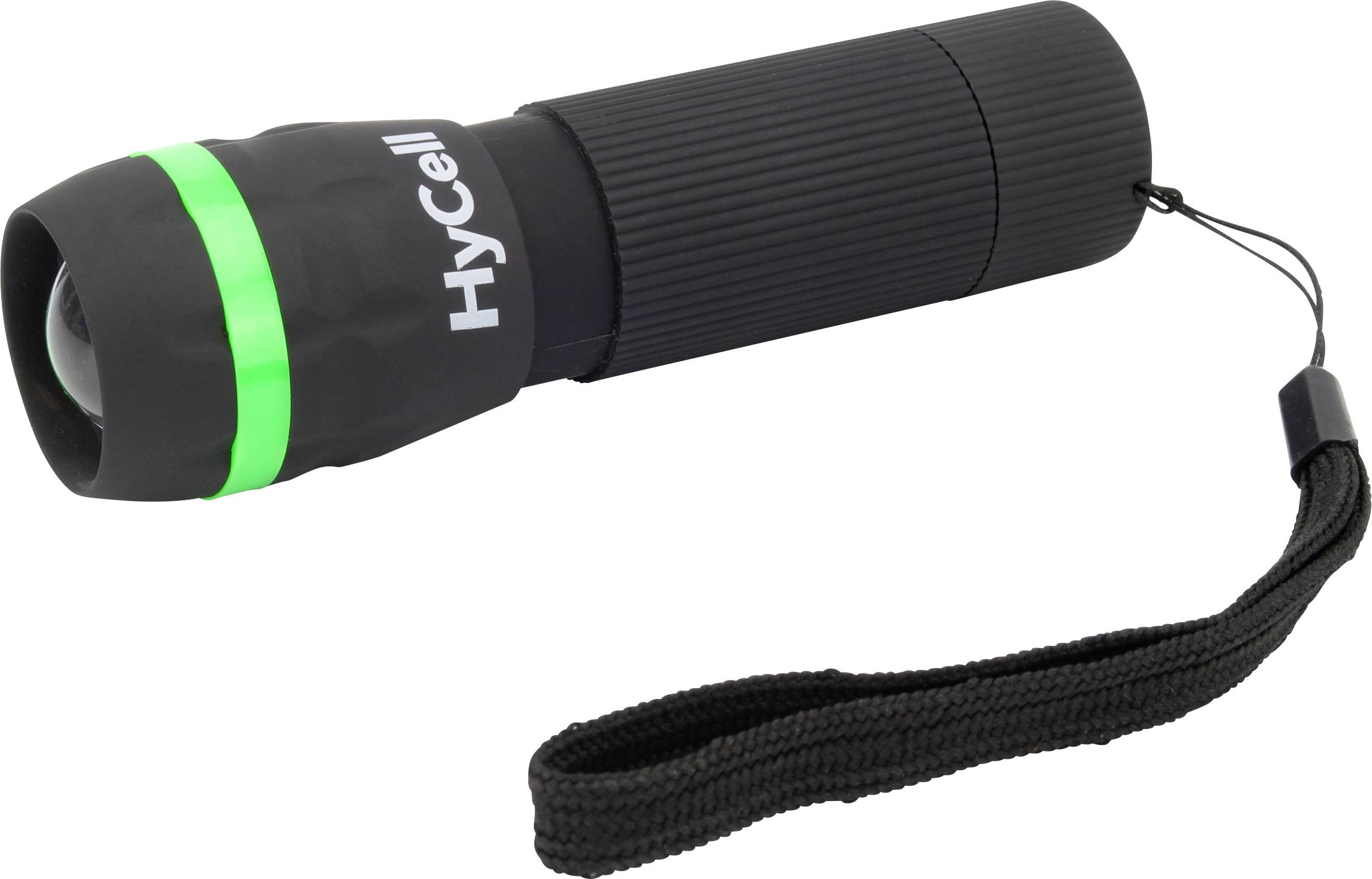 Lampe de poche Black HyCell avec anneau vert et dragonne de poignet sur fond blanc.