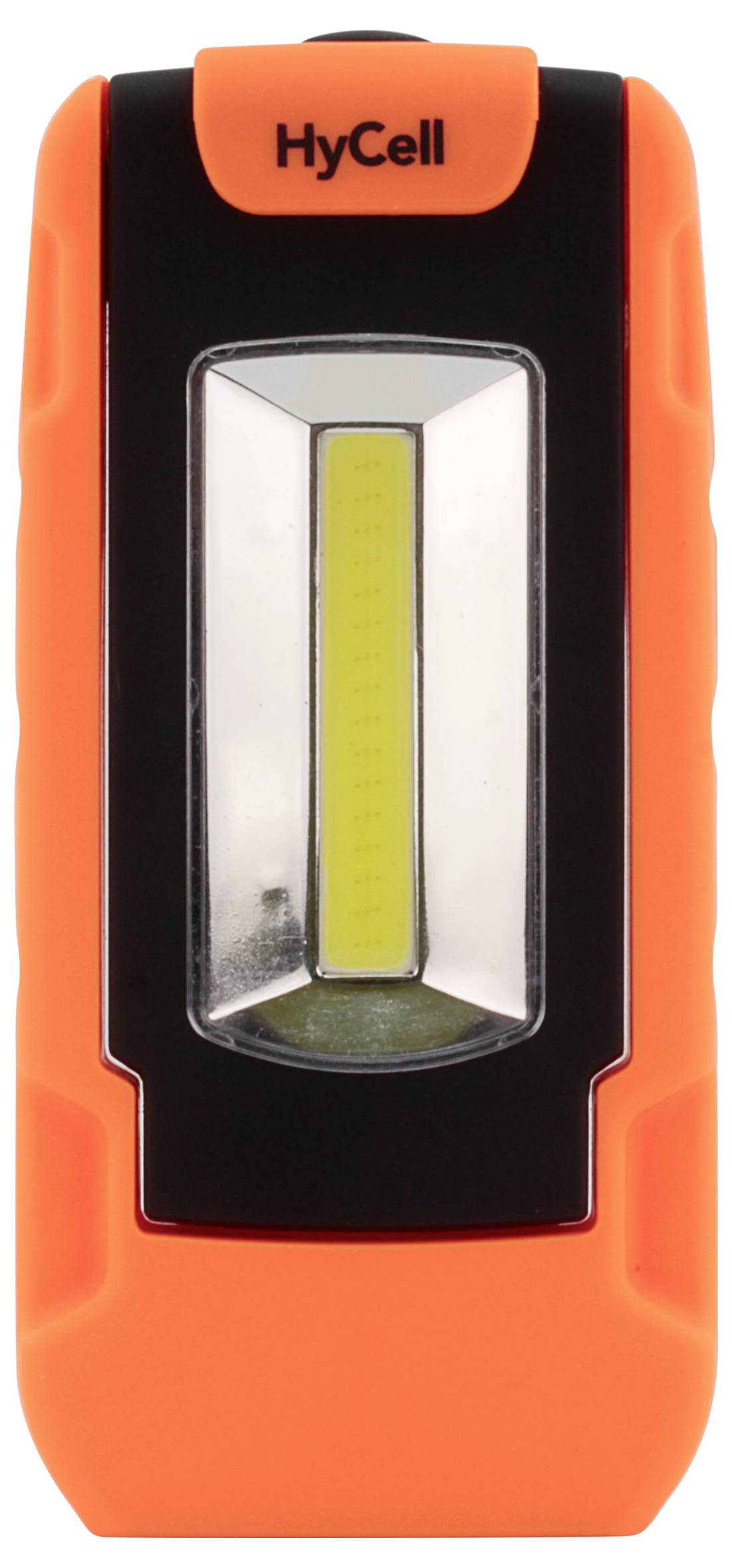 Lampe de poche portable Orange HyCell avec façade noire et panneau LED jaune central