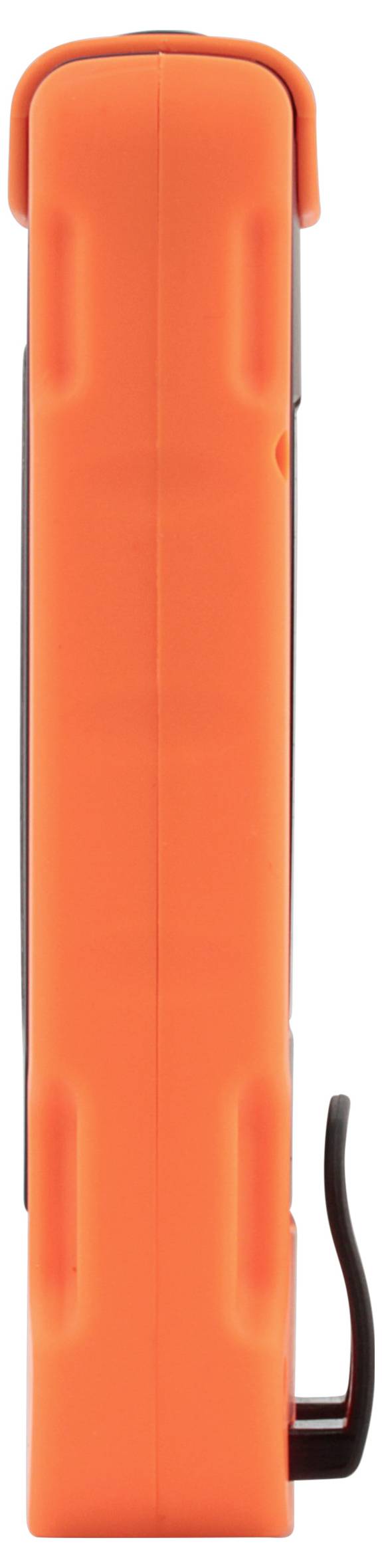 Appareil portable rectangulaire orange avec un clip latéral noir ou un câble sur un fond blanc.