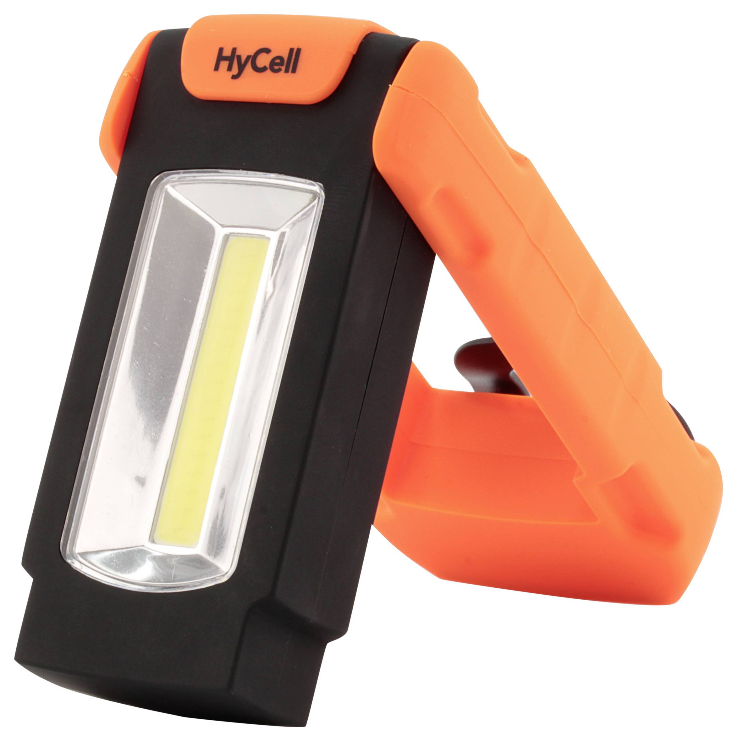 Lampe de travail LED HyCell orange et noire avec poignée pliante et panneau lumineux avant sur un fond blanc.