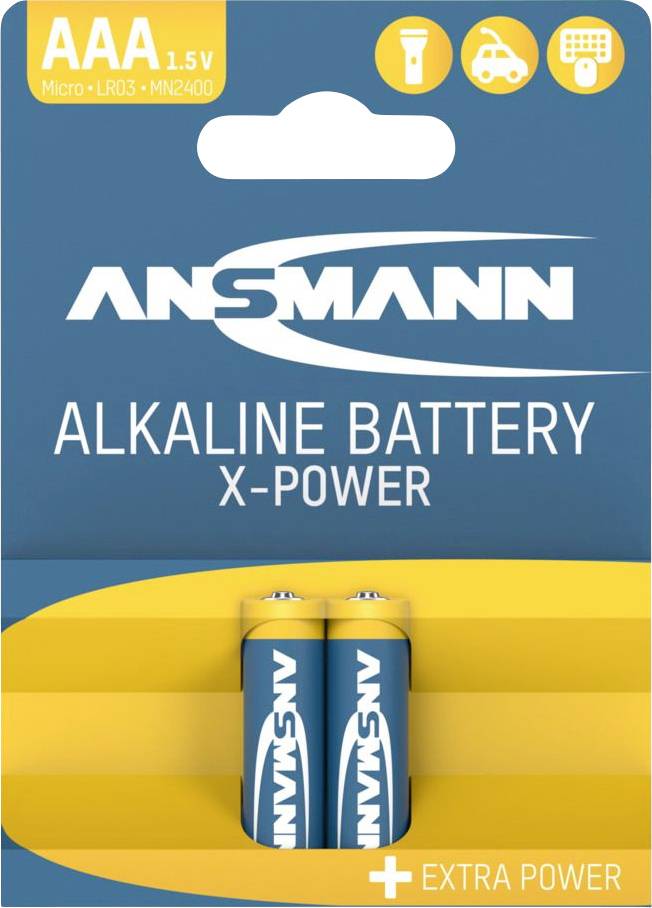 Paquet de piles alcalines ANSMANN AAA 1,5V, montré avec deux piles et l'image de marque « EXTRA POWER ».