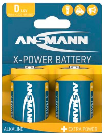 Paquet de deux piles alcalines Ansmann X-Power D, 1,5V, étiquetées « Extra Power »