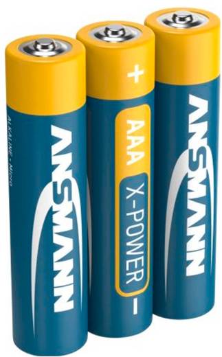 Trois piles AA ANSMANN X-POWER disposées verticalement, montrant les bornes positives sur le dessus et les étiquettes de marque.