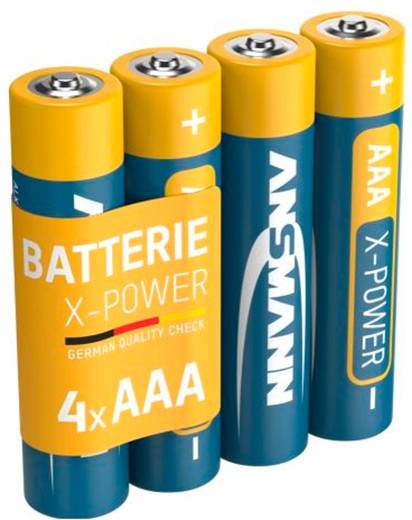 Quatre piles AAA dans un emballage orange et bleu étiquetées « BATTERIE X-POWER » et « 4x AAA ».