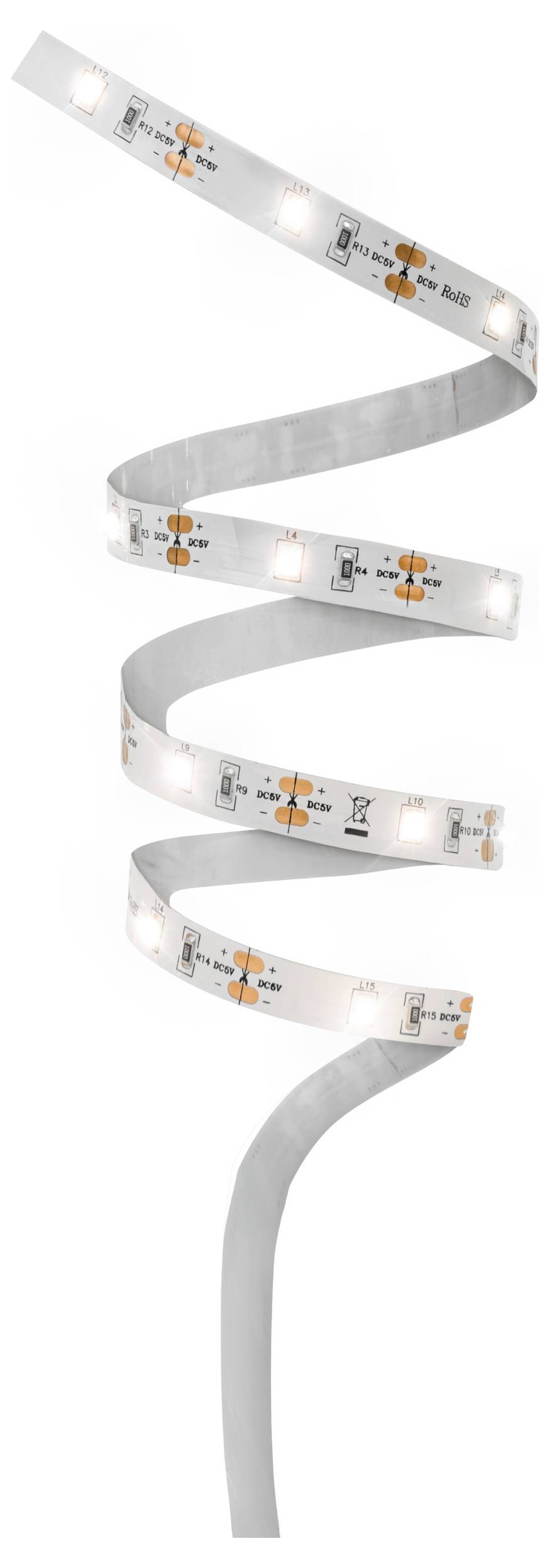 Une bande lumineuse LED blanche flexible enroulée en spirale, avec plusieurs sections illuminées et des marquages de contrôle imprimés le long de la bande.