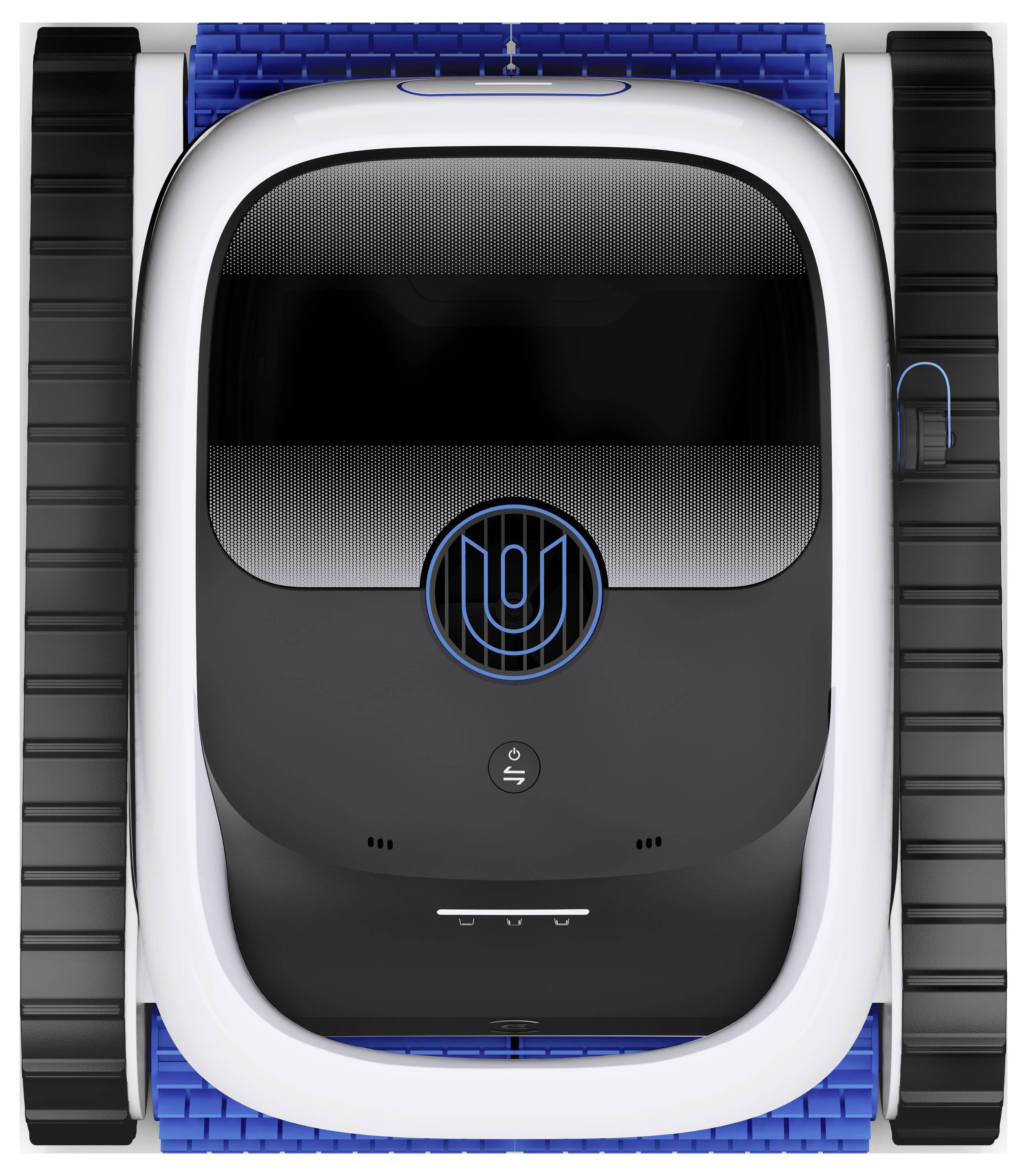 Vue aérienne d'un nettoyeur de piscine robotique au design bleu et noir, doté de chenilles de déplacement et de contours épurés et modernes.