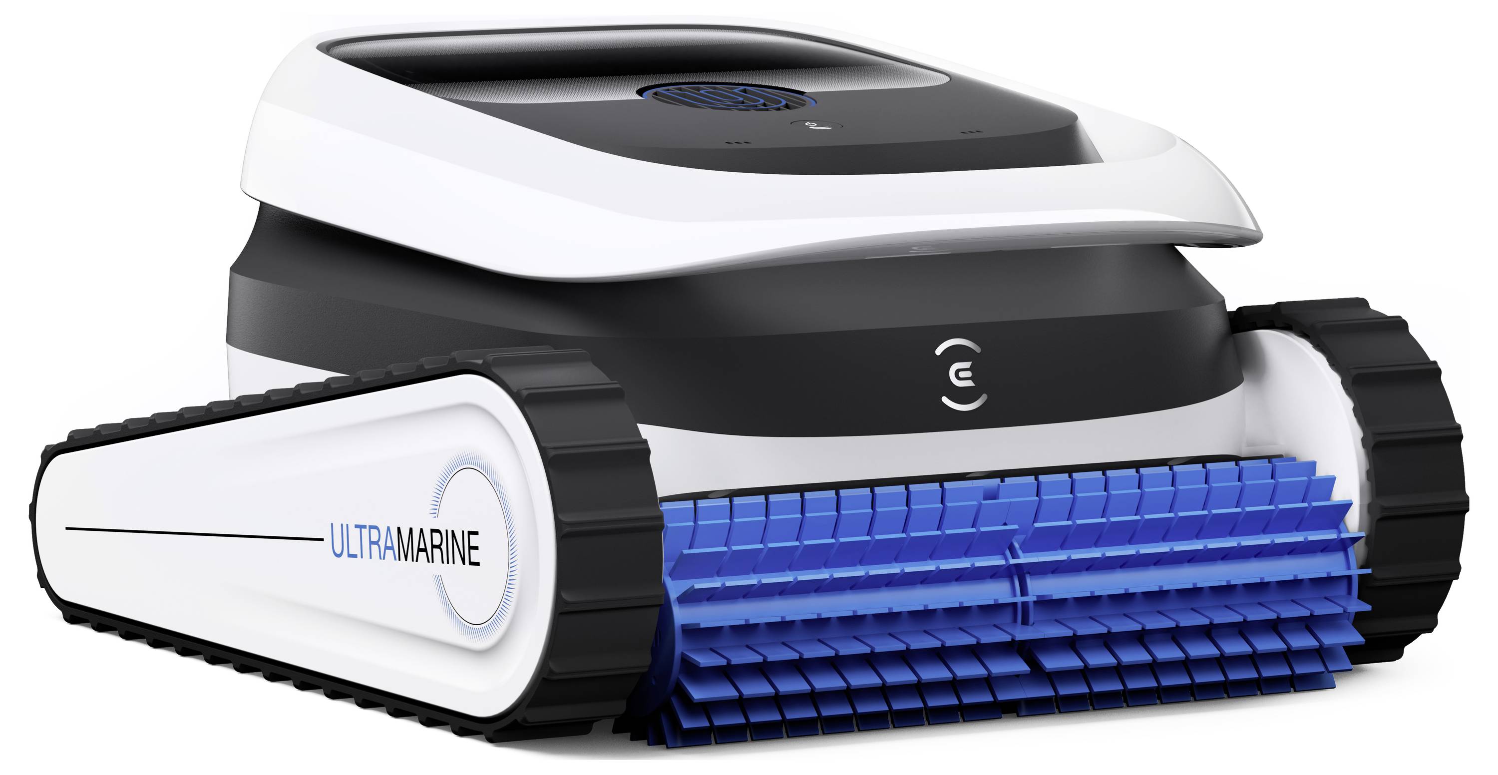 Un nettoyeur de piscine robotisé blanc et noir avec des brosses bleues, étiqueté « Ultramarine », doté de chenilles de type char pour la mobilité.