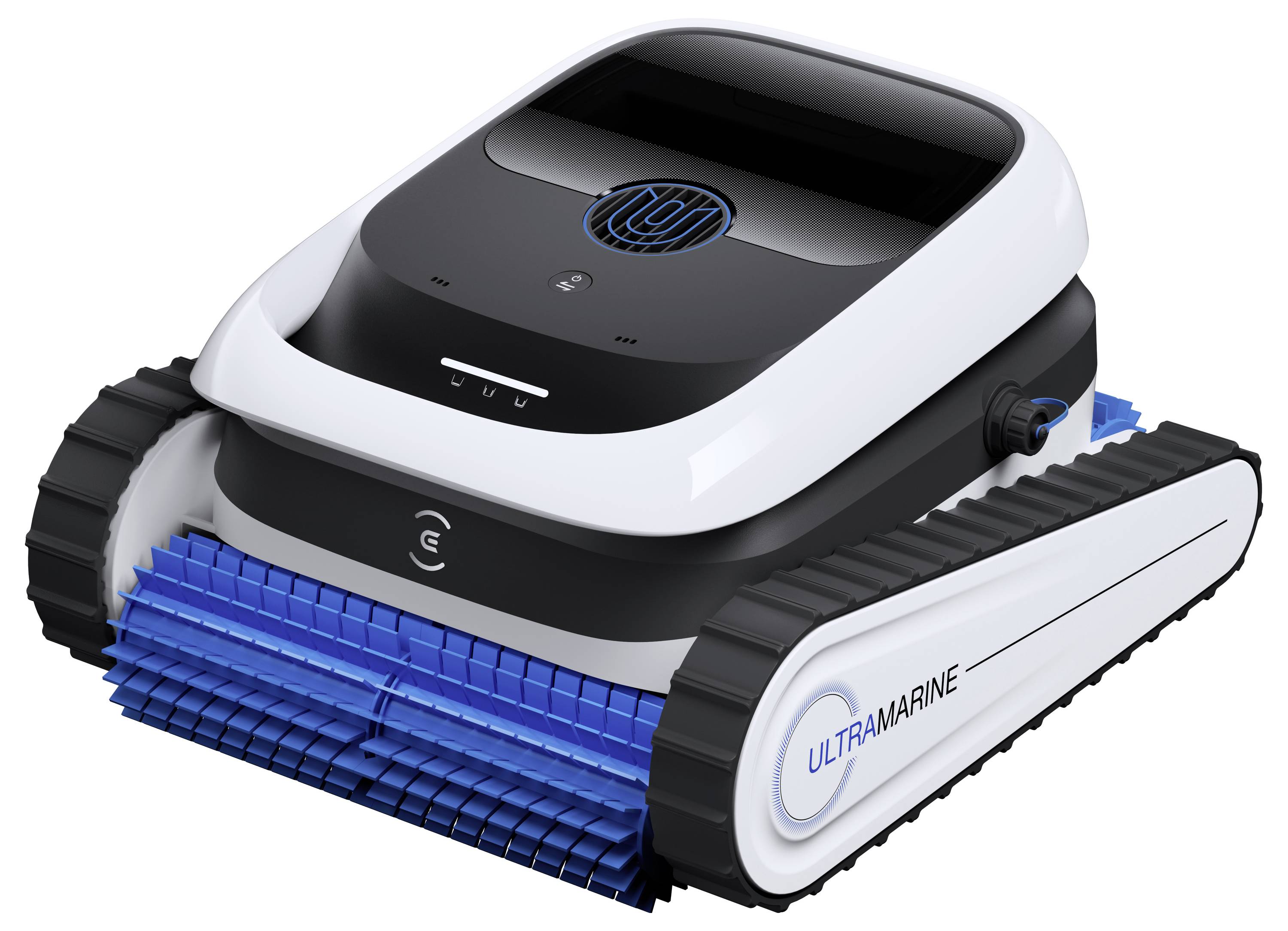 Un nettoyeur de piscine robotisé de couleur bleu outremer équipé de chenilles et de brosses rotatives de récurage, conçu pour un nettoyage efficace sous l'eau.