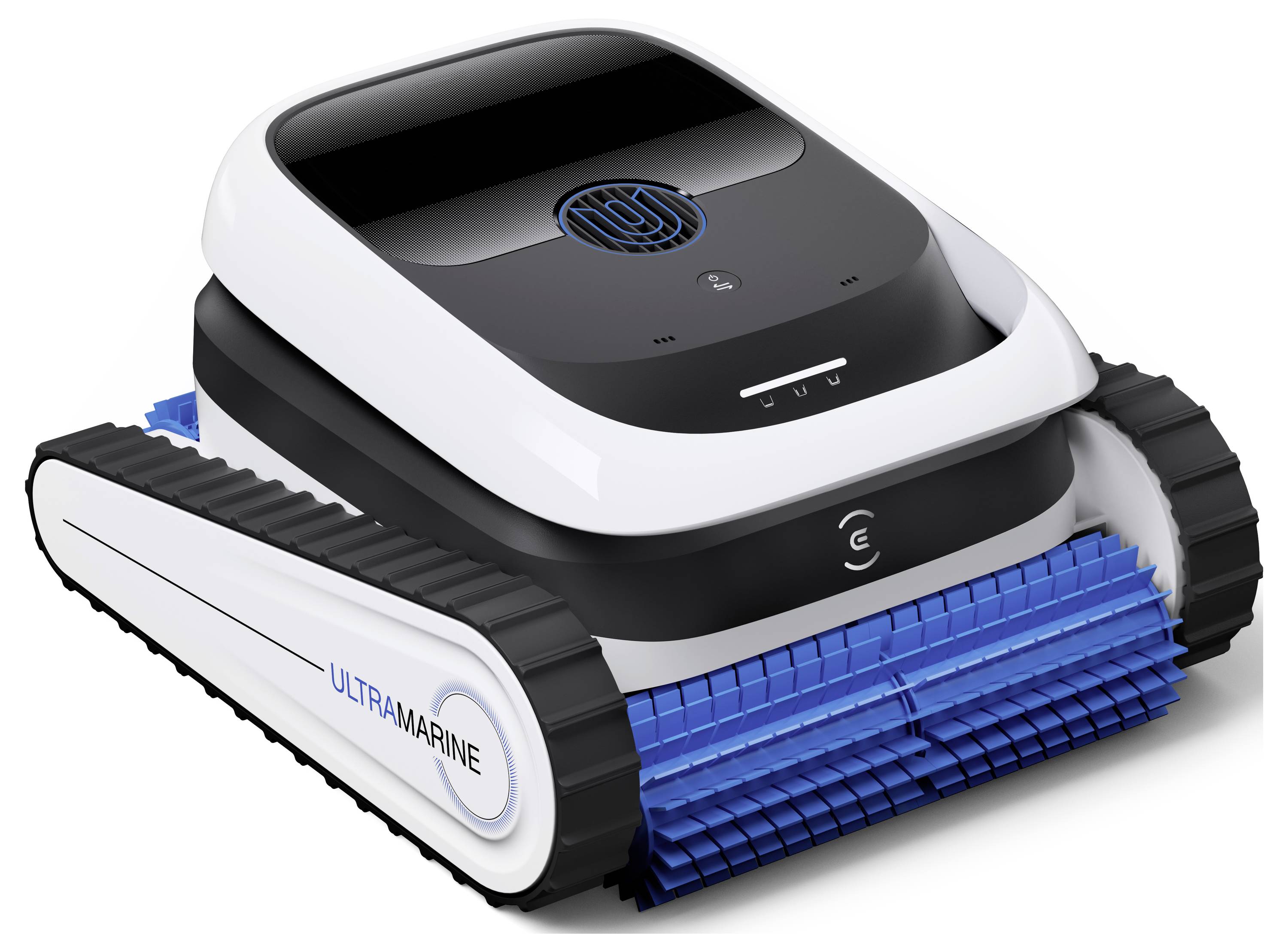 Un nettoyeur de piscine robotisé blanc et noir avec des brosses bleues étiqueté 'ULTRAMARINE', conçu pour l'entretien automatisé de la piscine.