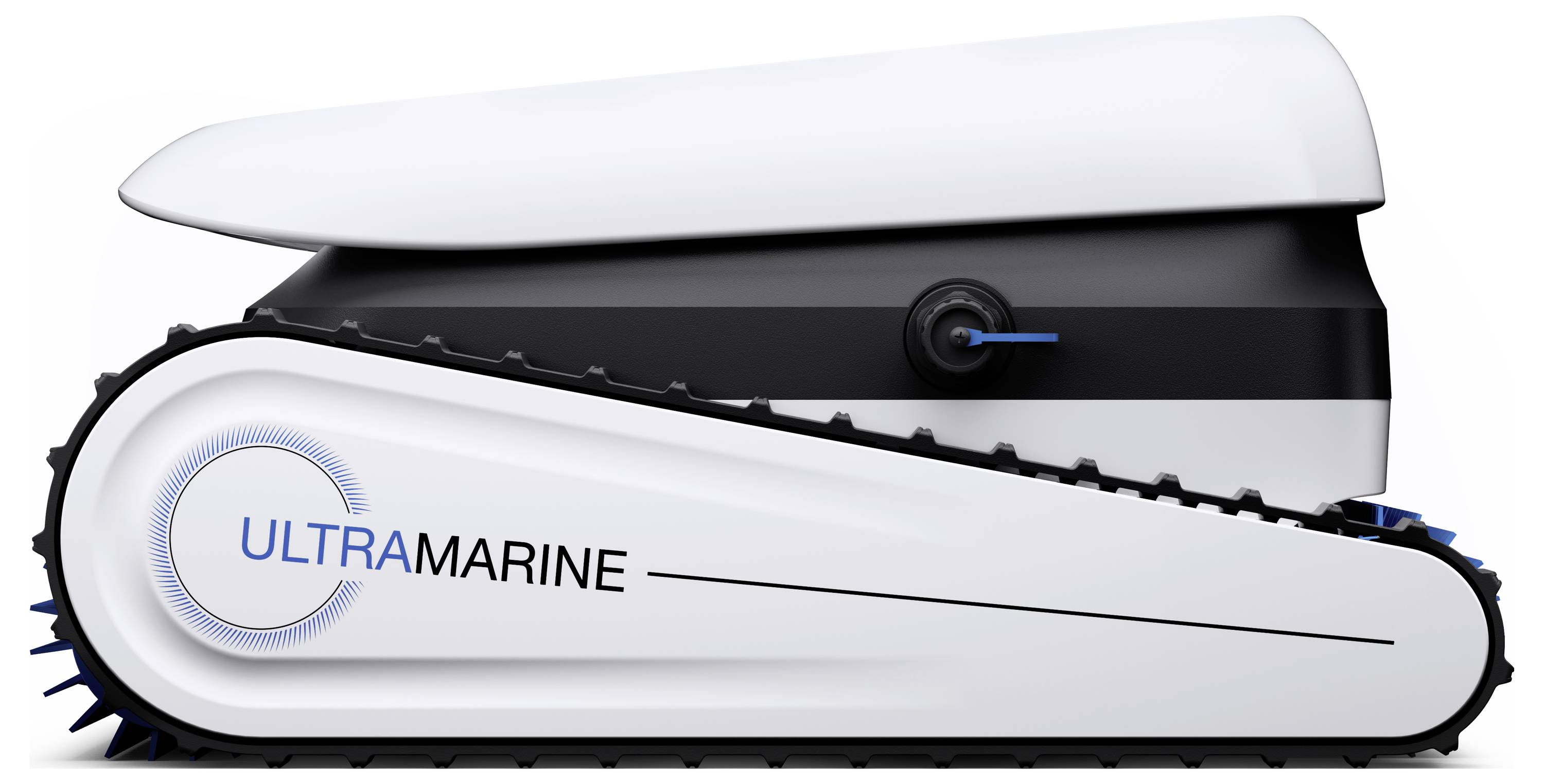 Un nettoyeur de piscine robotique blanc et noir avec chenilles, de marque 'ULTRAMARINE', présentant un design moderne.