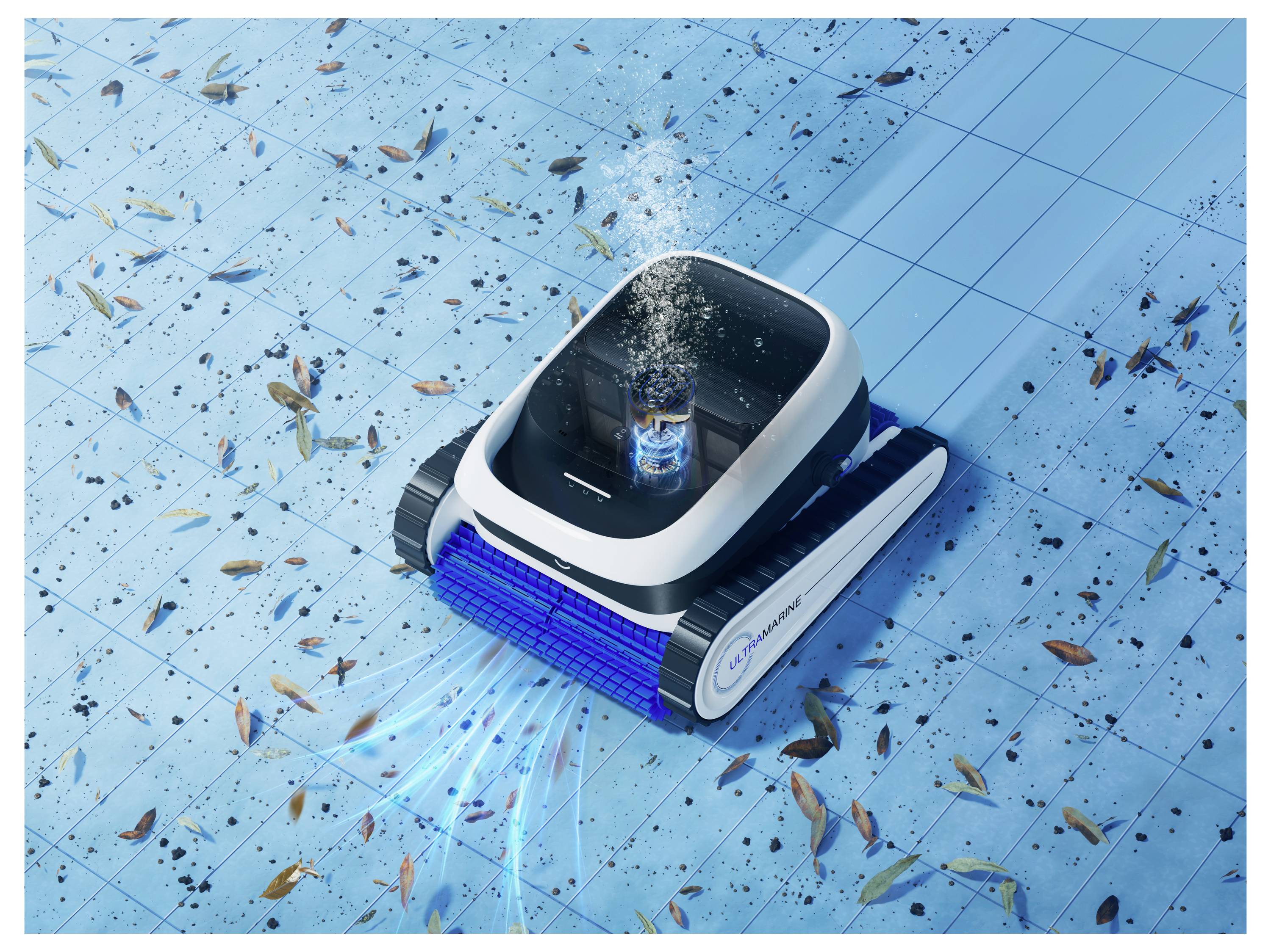 Un nettoyeur de piscine robotisé se déplace sur le sol carrelé d'une piscine, ramassant les débris et les feuilles. Les jets d'eau créent des flux visibles lorsqu'il fonctionne.