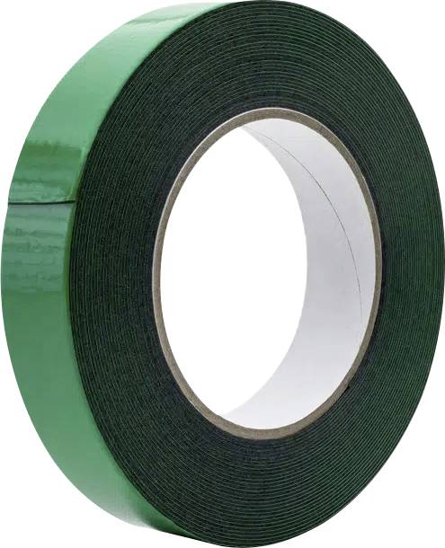 Un rouleau de ruban adhésif vert foncé sur fond blanc.