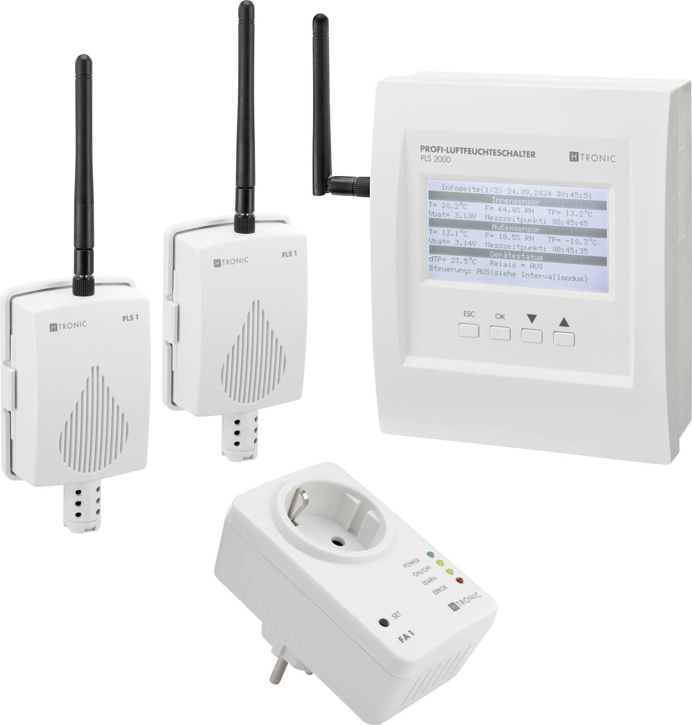 Trois appareils électroniques comprenant deux équipés d'antennes et un appareil à brancher, tous dotés d'écrans LCD pour le suivi de la qualité de l'air.