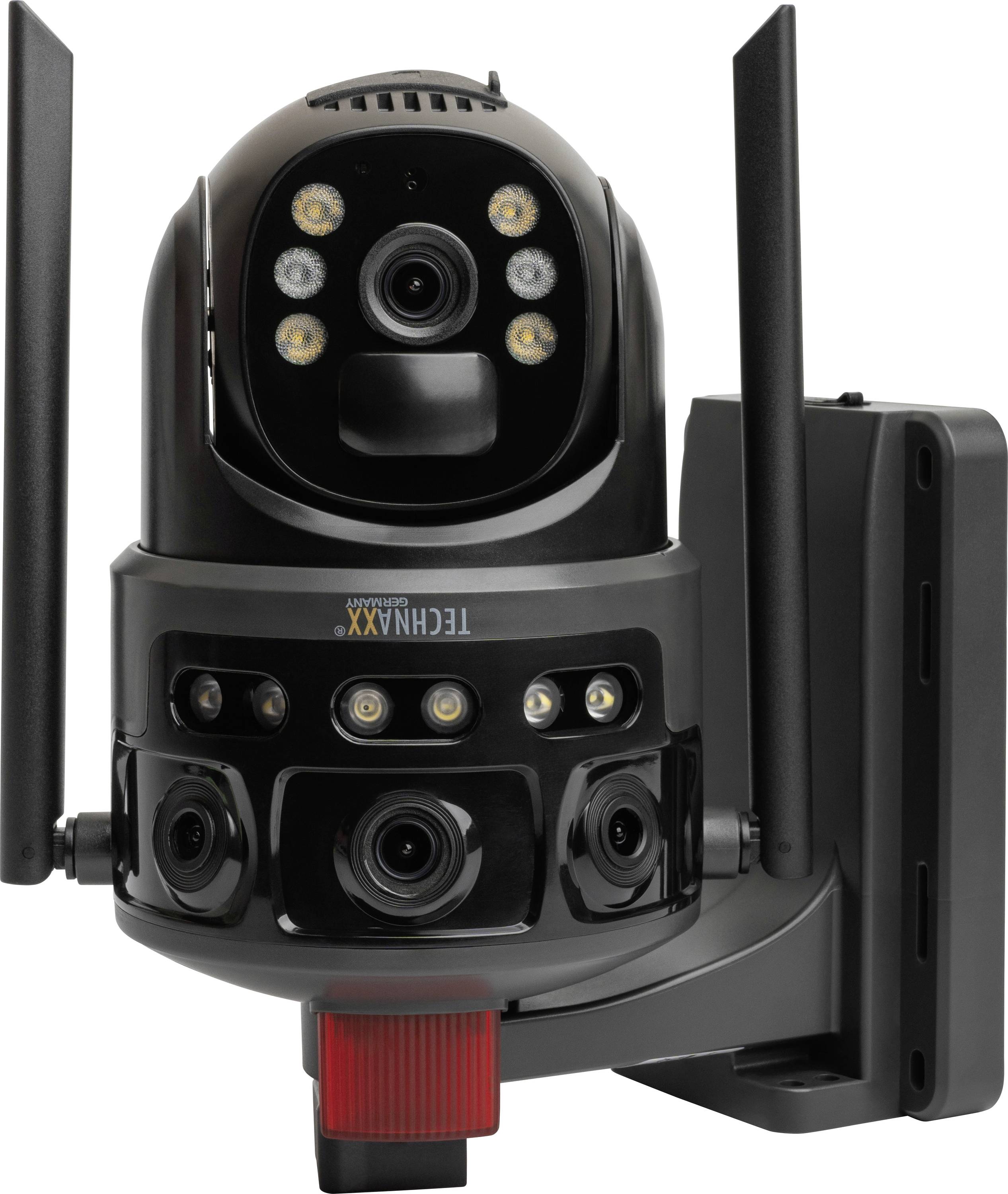 Une caméra de sécurité noire avec plusieurs objectifs et antennes, conçue pour la surveillance grand angle, montée en mural.