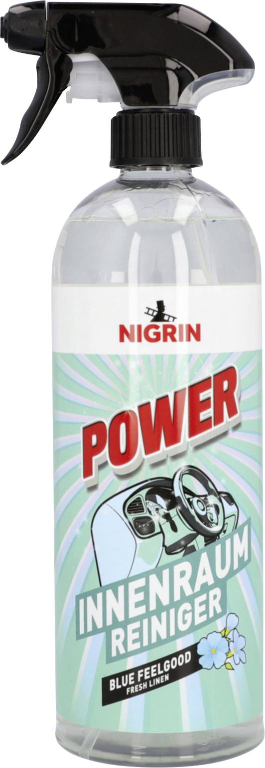 Vaporisateur NIGRIN Power Nettoyant Intérieur, un nettoyant pour l'intérieur automobile avec l'étiquette « Blue Feelgood Fresh Lemon ».
