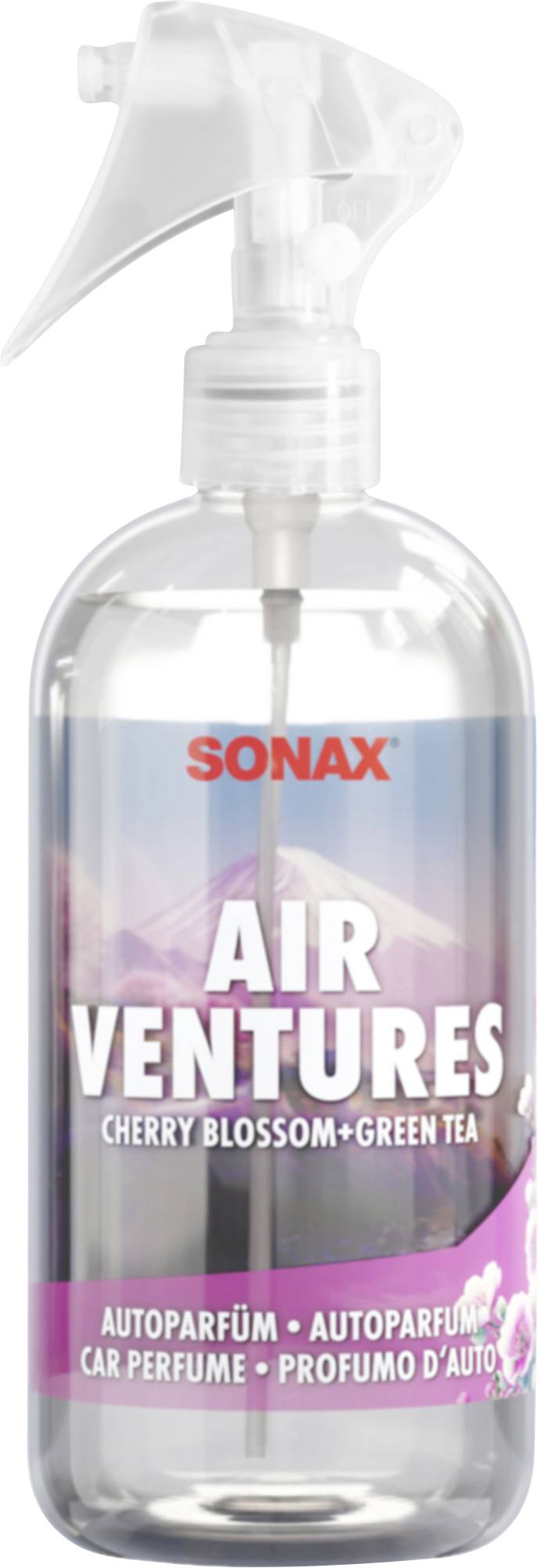 Vaporisateur de parfum automobile SONAX Air Ventures, parfum Fleur de Cerisier+Thé Vert, liquide transparent dans une bouteille translucide avec pulvérisateur blanc.