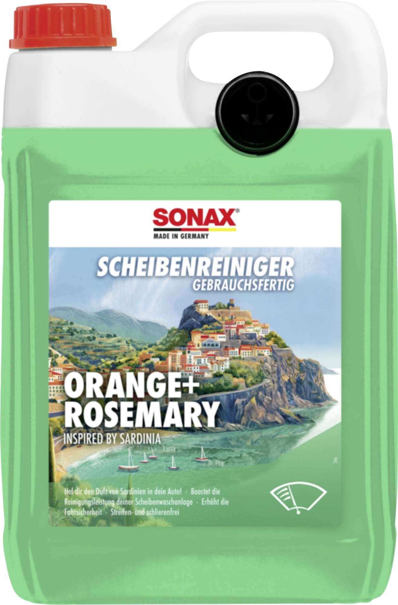 Récipient de nettoyant pare-brise prêt à l'emploi Sonax vert étiqueté « Scheibenreiniger Gebrauchsfertig Orange+Rosemary Inspired by Sardinia » avec bouchon rouge et poignée.