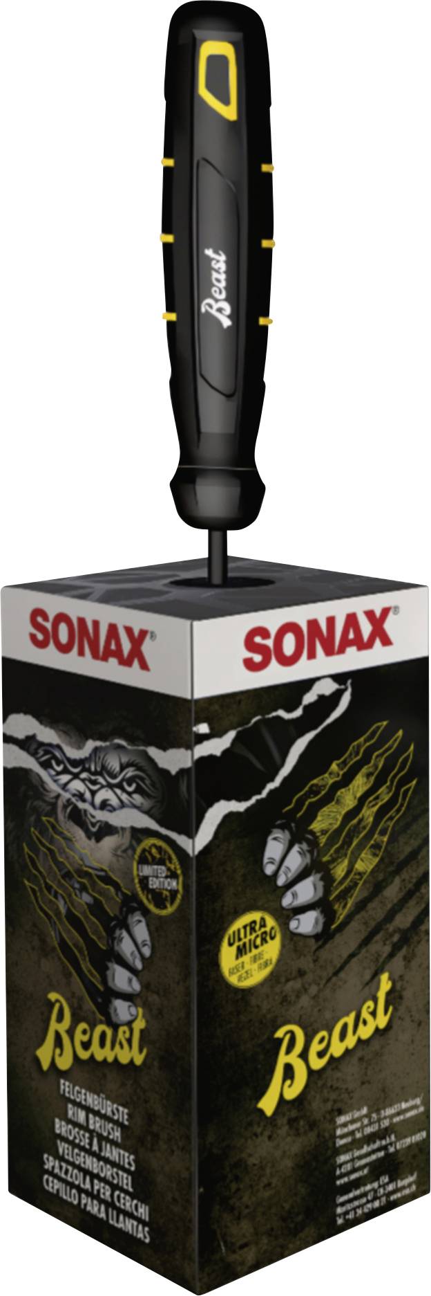 Tournevis de marque Beast noir et jaune posé sur une boîte d'exposition SONAX avec des graphiques de produits et un logo.