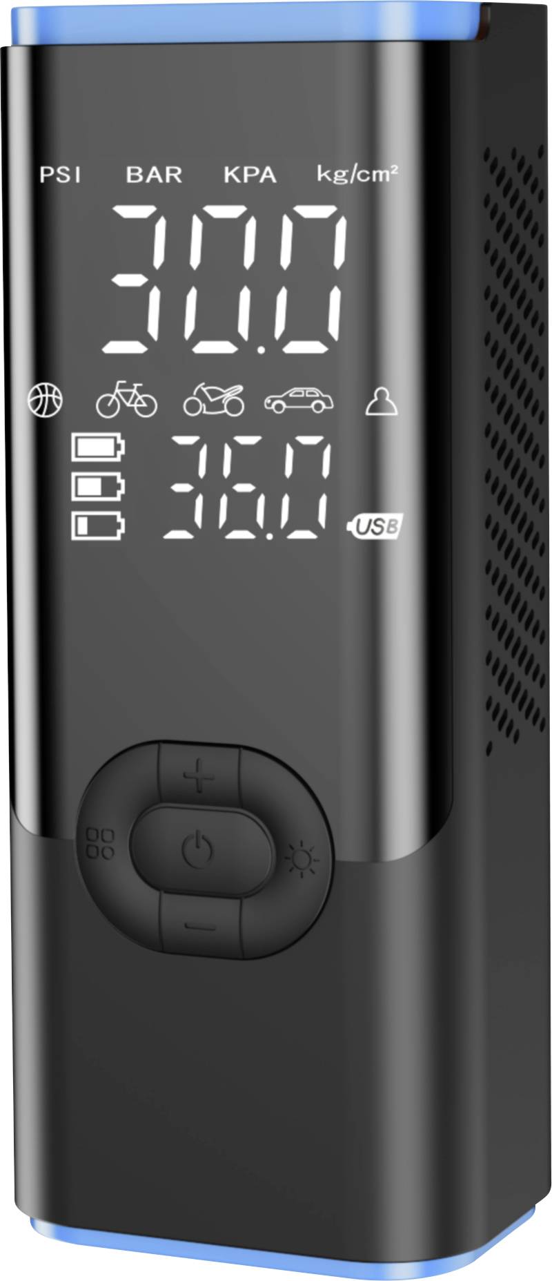 Compresseur d'air numérique portable affichant 300 PSI et 36,0 PSI, avec des icônes de mode pour le globe, la bicyclette, le ballon, la voiture et l'USB.