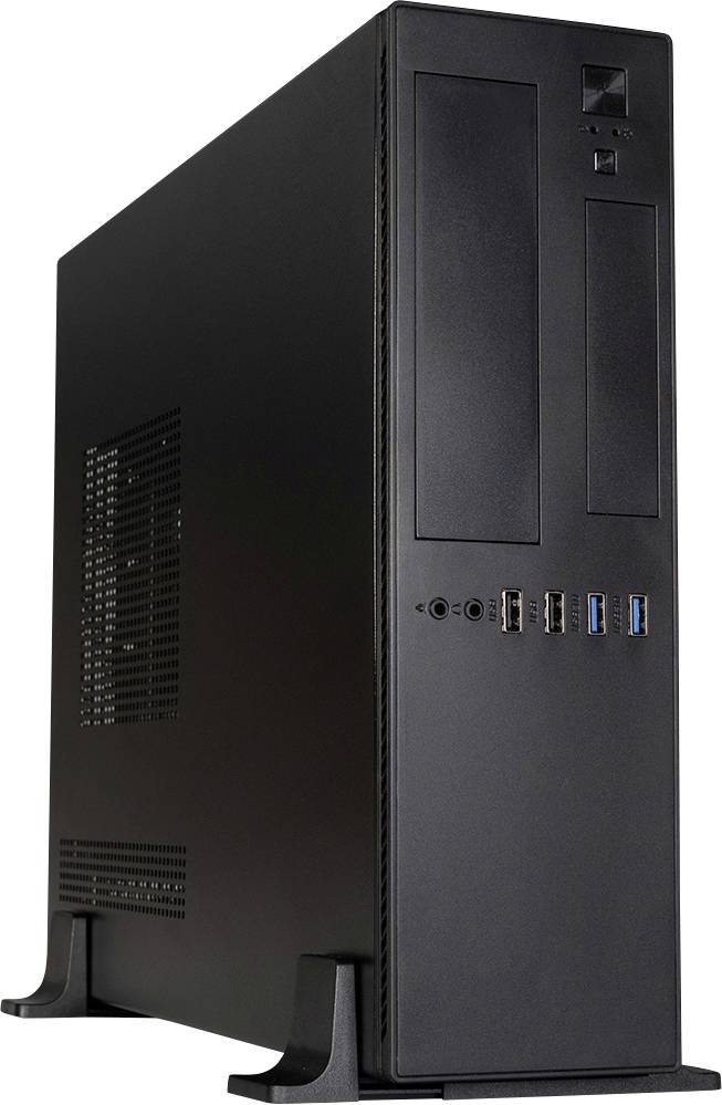 Boîtier de tour d'ordinateur de bureau noir avec ports USB frontaux et prises audio, présenté sur un fond blanc