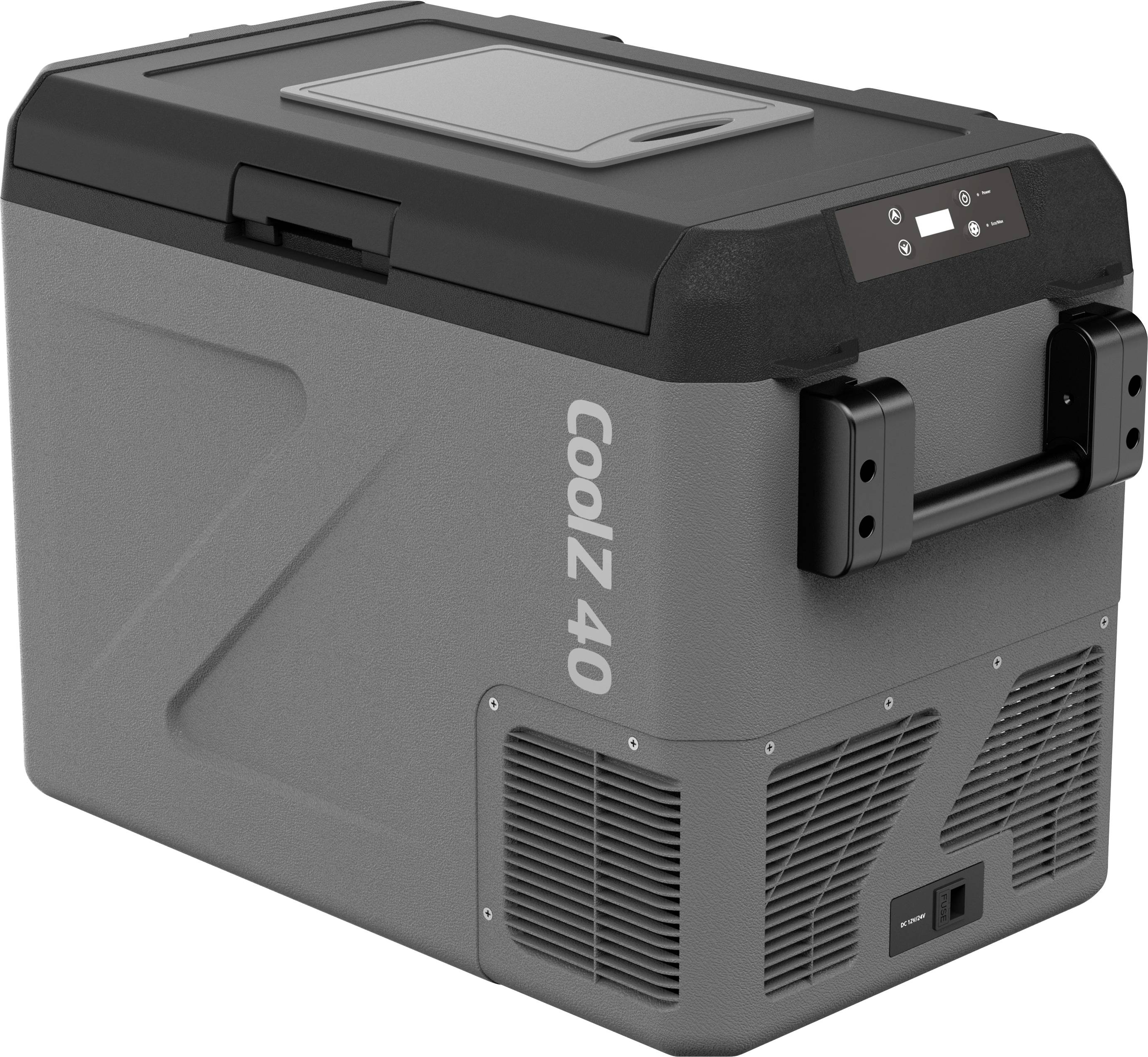 Tragbarer CoolZ 40 Kühlbox in Grau und Schwarz mit Deckel, Seitengriffen, belüftetem Bedienfeld und kleinem Kontrolldisplay.